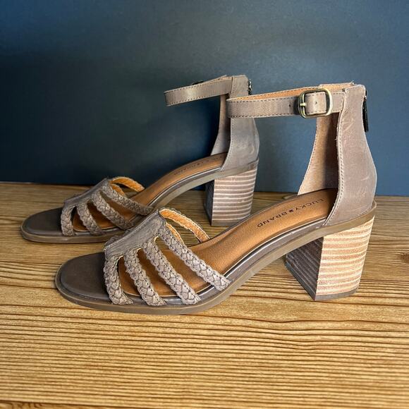 Lucky Brand Taupe Tasmina Braided Leather Ankle Strap Block Heel Sandals Women 8 - Picture 1 of 8